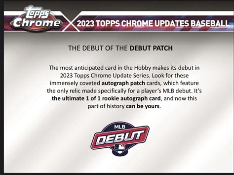 2023 Topps Chrome Update Series Baseball Jumbo Box, 2023 Topps Chrome Update Series returns to the hobby with new and continued inserts from 2023 Topps Chrome and the long-awaited debut of the first-ever MLB Debut Patch cards! ... Release Date: Nov 15, 2023: Product Year: 2023: Brand: Topps: Sport: Baseball: Box Style: Jumbo: Promo: …